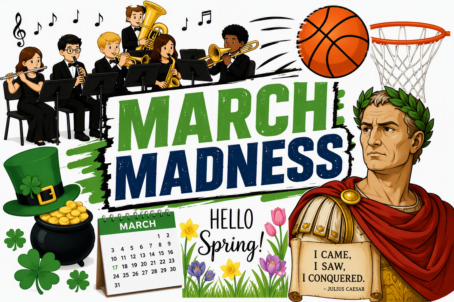 image featuring a concert band and other march related items