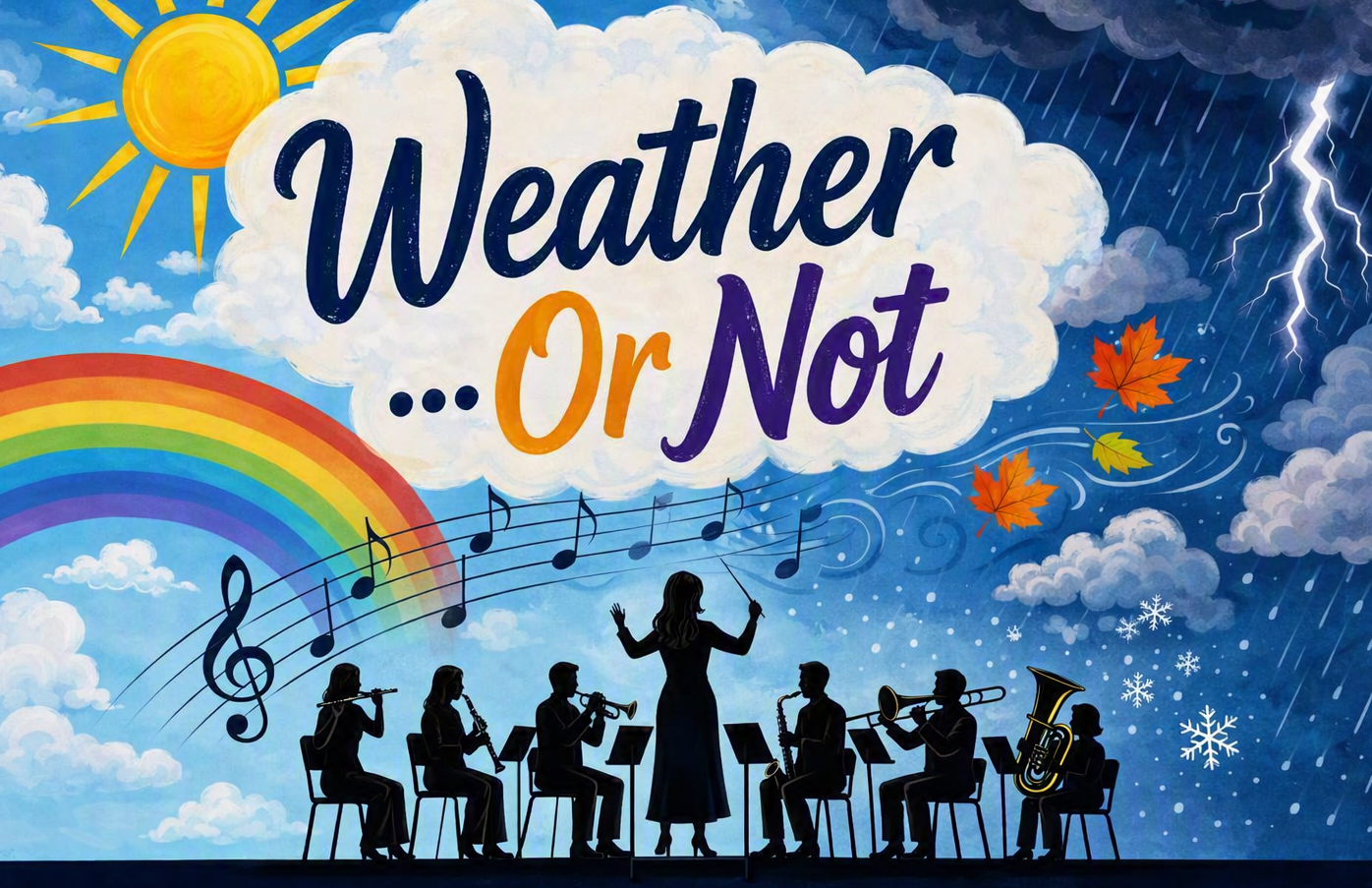 image featuring a concert band, the sun, clouds and more